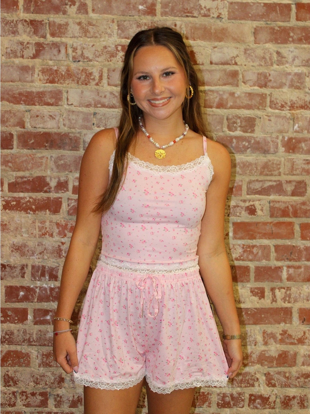 KIMBERLY C Pink Ditsy Print Cami Top And Shorts with Scalloped Edge Lace Trim